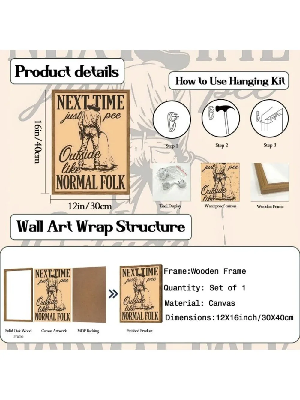 Funny Western Cowboy Bathroom Wall Art - Vintage Southwest Decor, 12x16 Framed